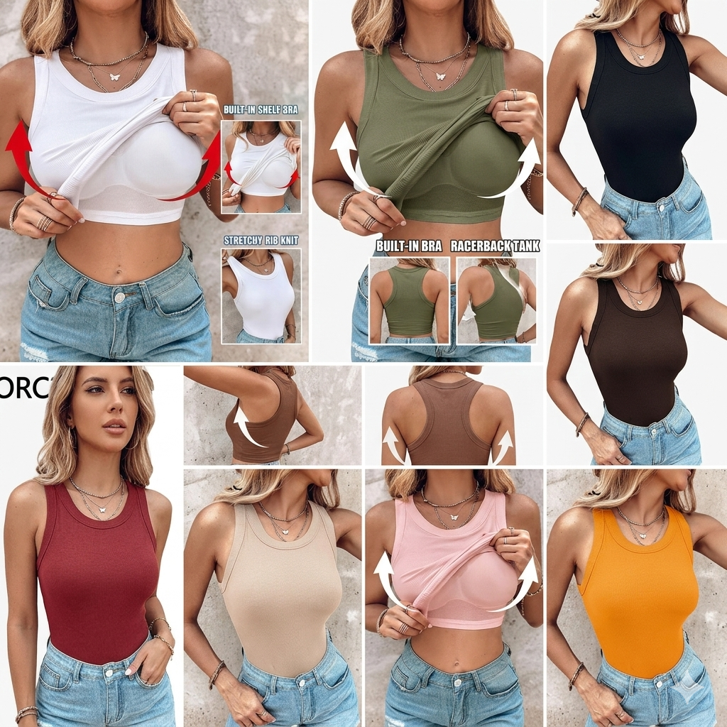 Ribbed Round Neck Tank with Built-In Bra | Soft Casual Fit