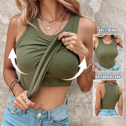 Ribbed Round Neck Tank with Built-In Bra | Soft Casual Fit